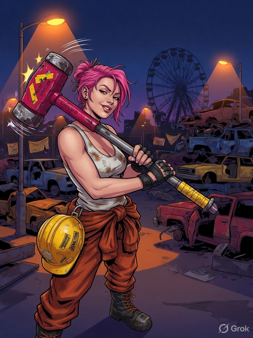 Rin, pink-haired demolition worker with a red wrecking hammer in Scrap City yard